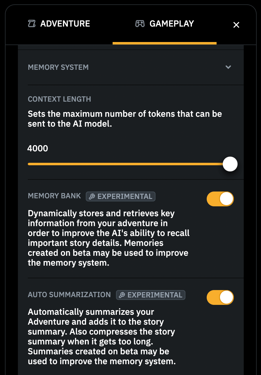 New Memory System settings, found in the Gameplay section of the game settings sidebar.